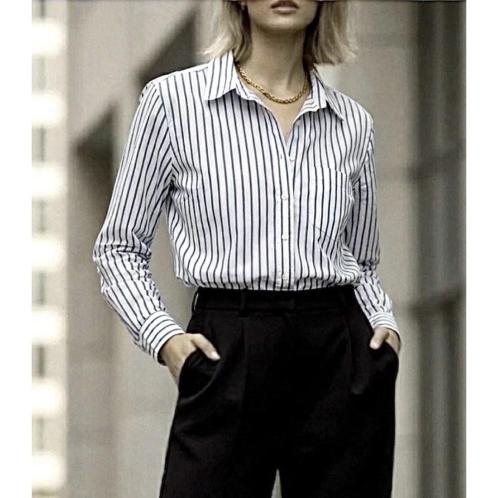 GAP WOMEN PERFECT SHIRT L WIDE STRIPE WHITE BLUE 80s SUPERFINE COTTON POPLIN NEW